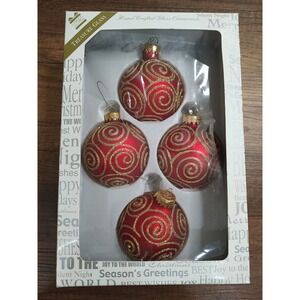 Unique Treasure Glass Ball Christmas Ornament Lot Of 4 Red Gold Glitter Spiral
